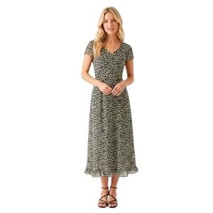 Vintage Cheetah Print V-Neck Midi Dress Short Sleeve Ruffle Hem Size 4 Friends